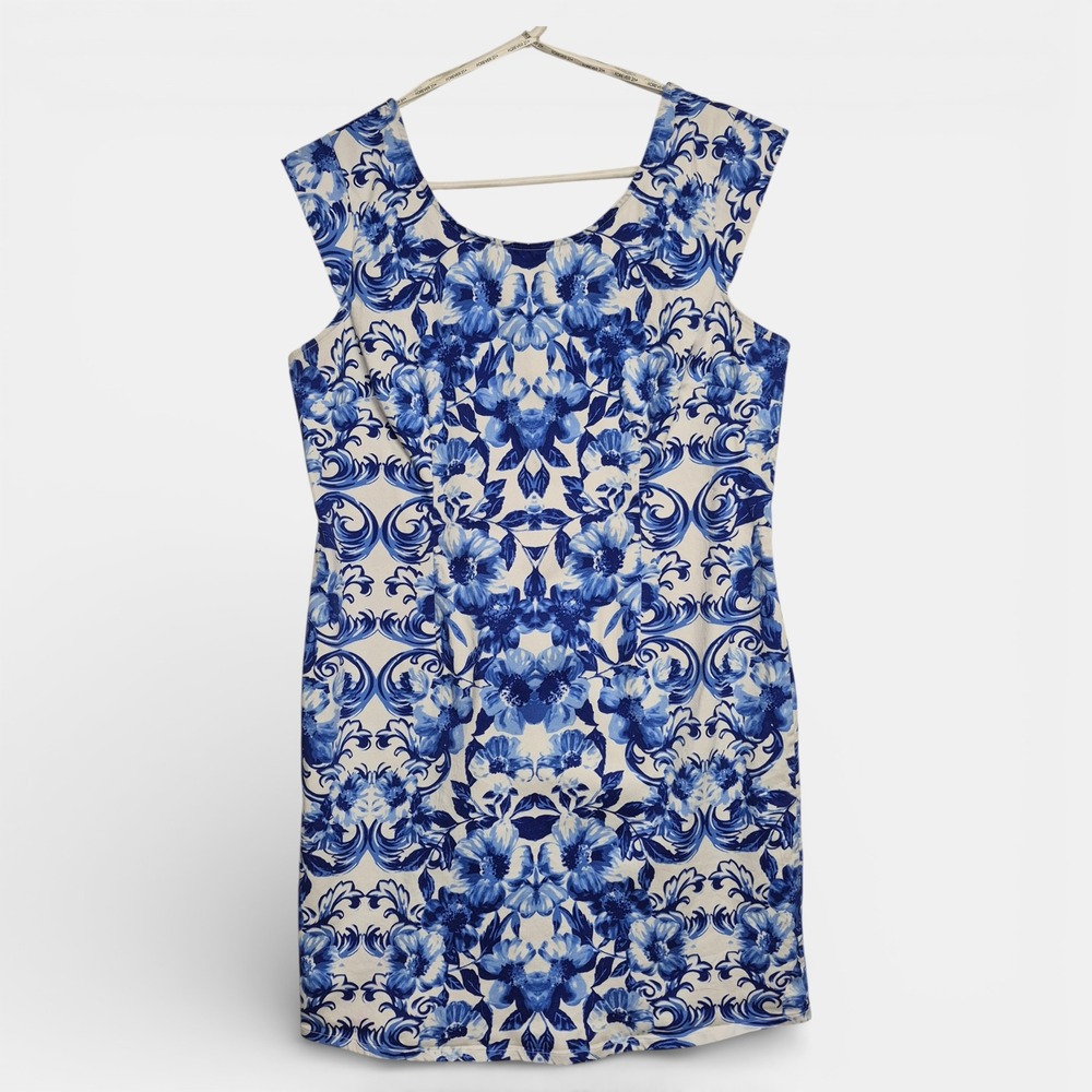 Forever 21 Plus‎ 1X Blue White Floral Porcelain Print Sheath Dress Sleeveless
